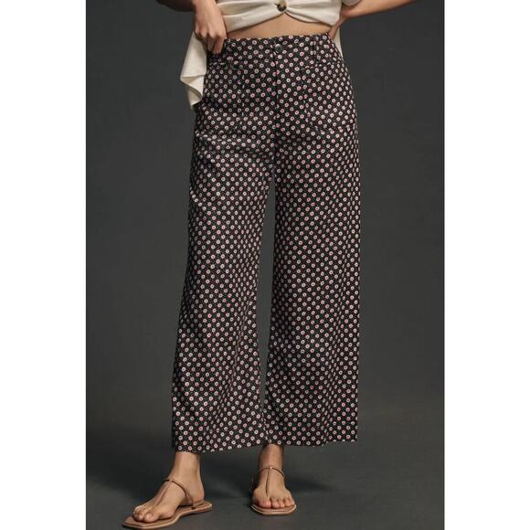 NWT Maeve The Colette Cropped Wide-Leg Linen Pants Sz 24Tall Black Floral #7C403 - Picture 1 of 12